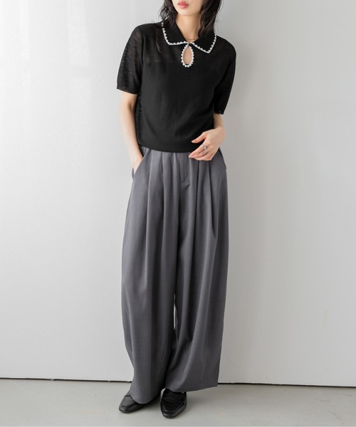 AMELY（エミリー）の「配色スカラップ襟 シアーポロニット（ニット/セーター・レディース・ベージュ/グレー/アイボリー/ブラック・フリー）」の9枚目の写真