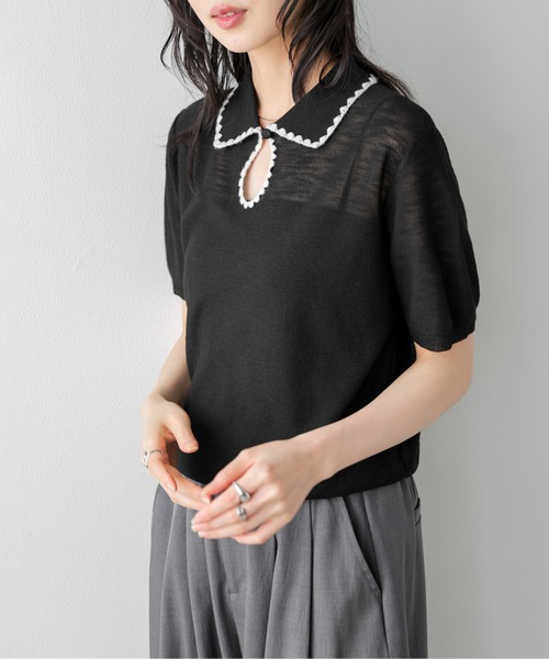 AMELY（エミリー）の「配色スカラップ襟 シアーポロニット（ニット/セーター・レディース・ベージュ/グレー/アイボリー/ブラック・フリー）」の10枚目の写真