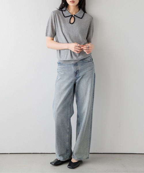 AMELY（エミリー）の「配色スカラップ襟 シアーポロニット（ニット/セーター・レディース・ベージュ/グレー/アイボリー/ブラック・フリー）」の11枚目の写真