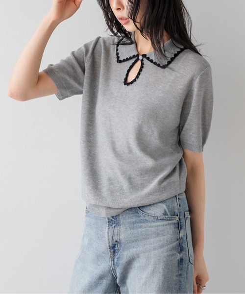 AMELY（エミリー）の「配色スカラップ襟 シアーポロニット（ニット/セーター・レディース・ベージュ/グレー/アイボリー/ブラック・フリー）」の12枚目の写真