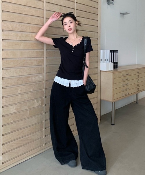 gossip!ロサンゼルス(ゴシップロサンゼルス)の「「Y2Kガーリー」 スタッズ ヘンリーネック星モチーフ タイトTシャツ 半袖(Tシャツ/カットソー・レディース・ブラック・M)」の7枚目の写真