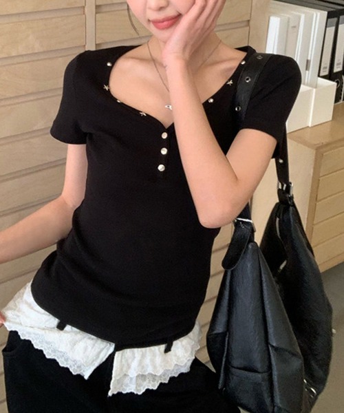gossip!ロサンゼルス(ゴシップロサンゼルス)の「「Y2Kガーリー」 スタッズ ヘンリーネック星モチーフ タイトTシャツ 半袖(Tシャツ/カットソー・レディース・ブラック・M)」の20枚目の写真