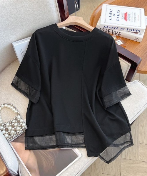 AMAJI（アマジ）の「チュール切替 不規則ヘム クルーネック 半袖Tシャツ（Tシャツ/カットソー・レディース・ホワイト/ブラック・MEDIUM/LARGE/X-LARGE）」の2枚目の写真