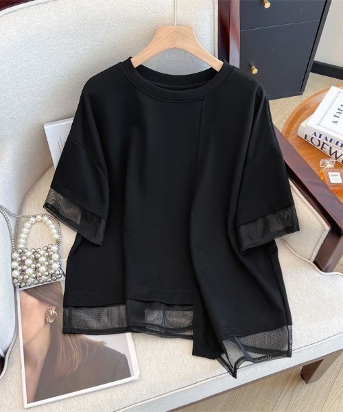 AMAJI（アマジ）の「チュール切替 不規則ヘム クルーネック 半袖Tシャツ（Tシャツ/カットソー・レディース・ホワイト/ブラック・MEDIUM/LARGE/X-LARGE）」の3枚目の写真