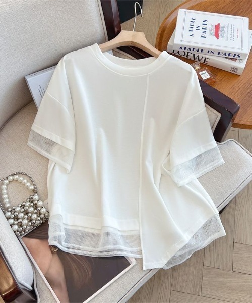 AMAJI（アマジ）の「チュール切替 不規則ヘム クルーネック 半袖Tシャツ（Tシャツ/カットソー・レディース・ホワイト/ブラック・MEDIUM/LARGE/X-LARGE）」の4枚目の写真