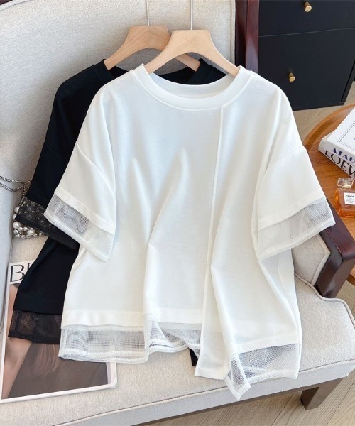 AMAJI（アマジ）の「チュール切替 不規則ヘム クルーネック 半袖Tシャツ（Tシャツ/カットソー・レディース・ホワイト/ブラック・MEDIUM/LARGE/X-LARGE）」の5枚目の写真