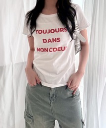 テキストカジュアルプリントショート丈半袖Tシャツ