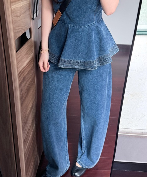 FLINEA（フリネア）の「デニムノースリーブトップス+パンツセットアップ（セットアップ・レディース・ブルー・M/S/L）」の4枚目の写真