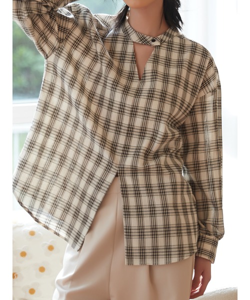 Sew loop(ソーループ)の「チョーカーネックセンタースリットチェック長袖ブラウス(シャツ/ブラウス・レディース・ブラック/ホワイト・FREE)」の12枚目の写真