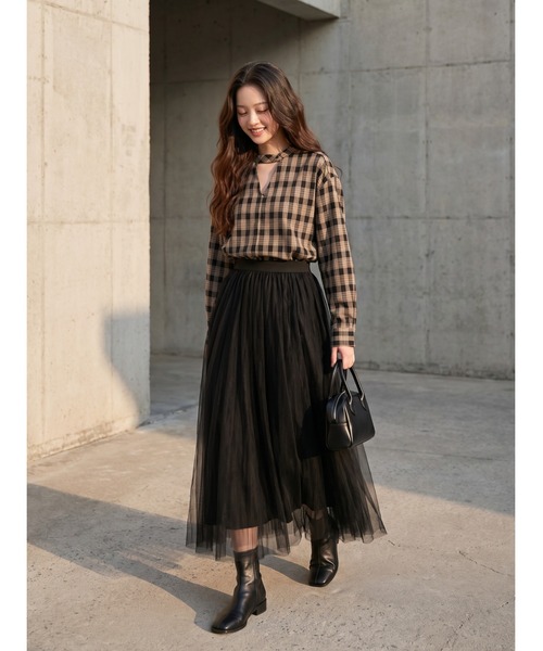 Sew loop(ソーループ)の「チョーカーネックセンタースリットチェック長袖ブラウス(シャツ/ブラウス・レディース・ブラック/ホワイト・FREE)」の16枚目の写真