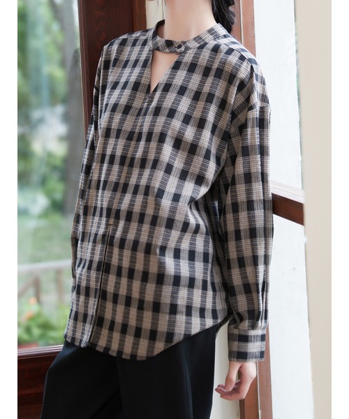 Sew loop(ソーループ)の「チョーカーネックセンタースリットチェック長袖ブラウス(シャツ/ブラウス・レディース・ブラック/ホワイト・FREE)」の21枚目の写真
