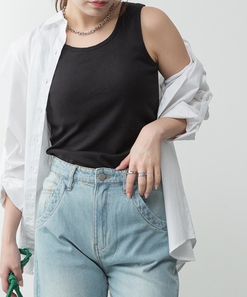 ElegChic(エレグシック)の「カップ付きコットンフライスタンクトップ(タンクトップ・レディース・チャコールグレー/オフホワイト/カーキ/ブラック/ネイビー/グレイッシュベージュ/杢グレー・L/4L/M/XL/XXL)」の9枚目の写真