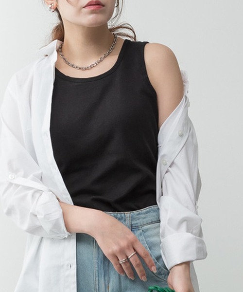 ElegChic(エレグシック)の「カップ付きコットンフライスタンクトップ(タンクトップ・レディース・チャコールグレー/オフホワイト/カーキ/ブラック/ネイビー/グレイッシュベージュ/杢グレー・L/4L/M/XL/XXL)」の10枚目の写真