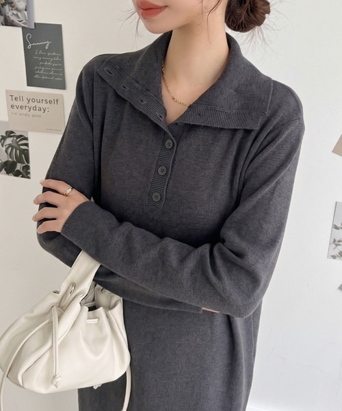 Eclat one(エクラワン)の「【美シルエット/体型カバー】ヘンリーネックハイネックニットナローワンピース(ワンピース・レディース・グレー/ブラウン/ブラック・FREE)」の1枚目の写真
