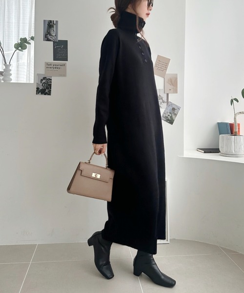 Eclat one(エクラワン)の「【美シルエット/体型カバー】ヘンリーネックハイネックニットナローワンピース(ワンピース・レディース・グレー/ブラウン/ブラック・FREE)」の4枚目の写真