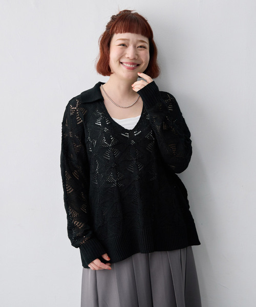 anyfee(エニフィー)の「【anyfee/大きいサイズ】透かし編みスキッパーリネンライクニット(ニット/セーター・レディース・ブラウン/ブラック/アイボリー・4L/LL/5L/3L)」の4枚目の写真