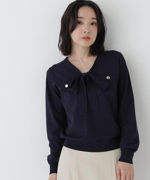 NATURAL BEAUTY BASIC(ナチュラルビューティーベーシック)の「天竺ボウタイニット(ニット/セーター・レディース・ブルー/ネイビー/オフホワイト・FREE)」の2枚目の写真