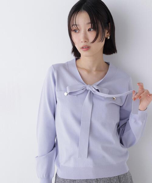 NATURAL BEAUTY BASIC(ナチュラルビューティーベーシック)の「天竺ボウタイニット(ニット/セーター・レディース・ブルー/ネイビー/オフホワイト・FREE)」の3枚目の写真