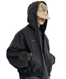 Cropped Washed Zip-up Hoodie [BLACK]