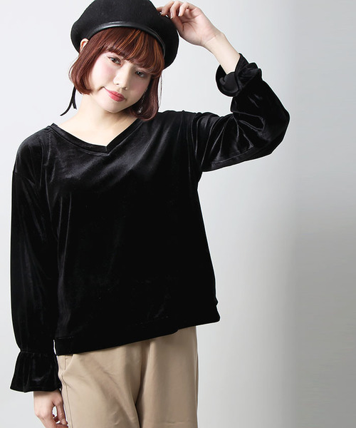 WEGO（ウィゴー）の「WEGO/2WAYフレアスリーブベロアカットソー（Tシャツ/カットソー・レディース・ピンク/ブラック・FREE）」の2枚目の写真