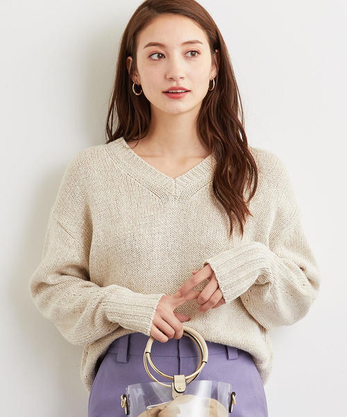 green label relaxing（グリーンレーベルリラクシング）の「[手洗い可能] CFC テンジク Vネック ニット（ニット/セーター・レディース・オリーブ/オレンジ/ナチュラル・FREE）」の2枚目の写真