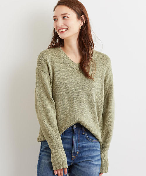 green label relaxing（グリーンレーベルリラクシング）の「[手洗い可能] CFC テンジク Vネック ニット（ニット/セーター・レディース・オリーブ/オレンジ/ナチュラル・FREE）」の3枚目の写真
