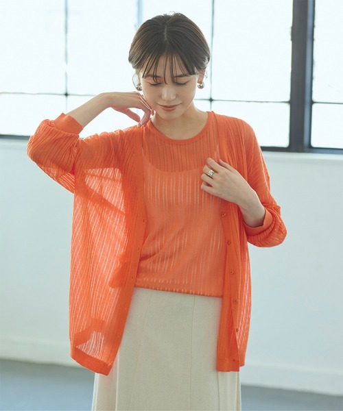 titivate（ティティベイト）の「ｼｱｰﾘﾌﾞﾆｯﾄﾄｯﾌﾟｽ/ｶｰﾃﾞｨｶﾞﾝ（アンサンブル・レディース・グレイッシュベージュ/オレンジ/ライトベージュ・M/S）」の3枚目の写真