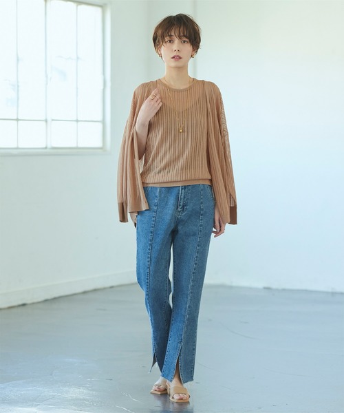 titivate（ティティベイト）の「ｼｱｰﾘﾌﾞﾆｯﾄﾄｯﾌﾟｽ/ｶｰﾃﾞｨｶﾞﾝ（アンサンブル・レディース・グレイッシュベージュ/オレンジ/ライトベージュ・M/S）」の4枚目の写真