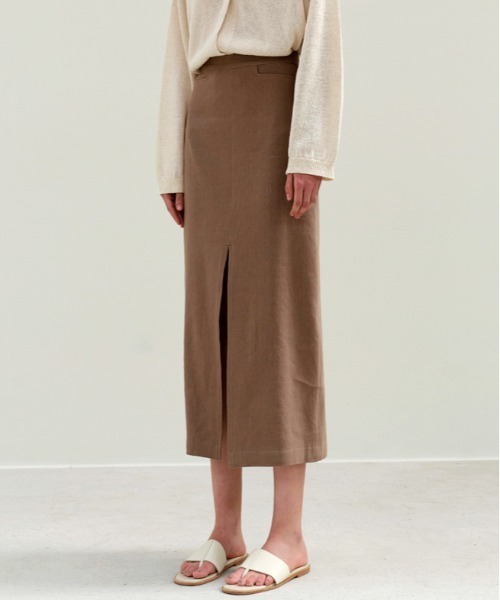 Moia（モイア）の「【Moia】SLIT SKIRT / モイア リネン スリット ロング スカート（スカート・レディース・クリーム/ブラウン・SMALL/MEDIUM）」の2枚目の写真