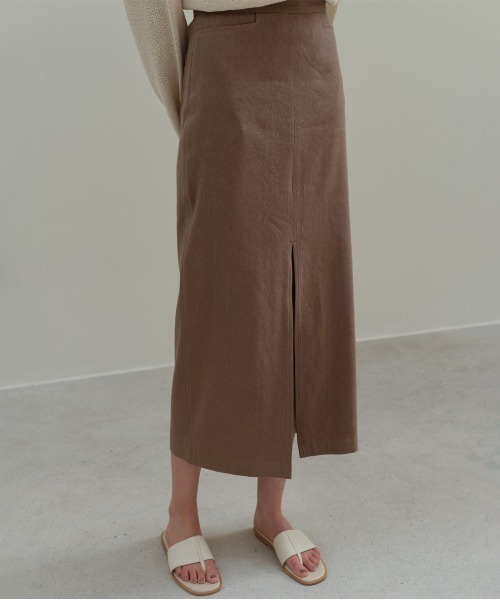 Moia（モイア）の「【Moia】SLIT SKIRT / モイア リネン スリット ロング スカート（スカート・レディース・クリーム/ブラウン・SMALL/MEDIUM）」の4枚目の写真