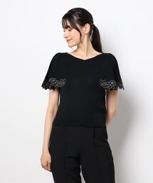 Vネック刺繍フレアスリーブニットプルオーバー