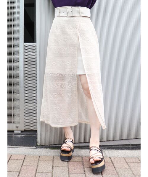 MURUA（ムルーア）の「ボーダーレースラップスカート（スカート・レディース・グリーン/アイボリー/ブラック・1/2）」の2枚目の写真