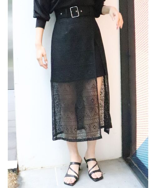 MURUA（ムルーア）の「ボーダーレースラップスカート（スカート・レディース・グリーン/アイボリー/ブラック・1/2）」の3枚目の写真