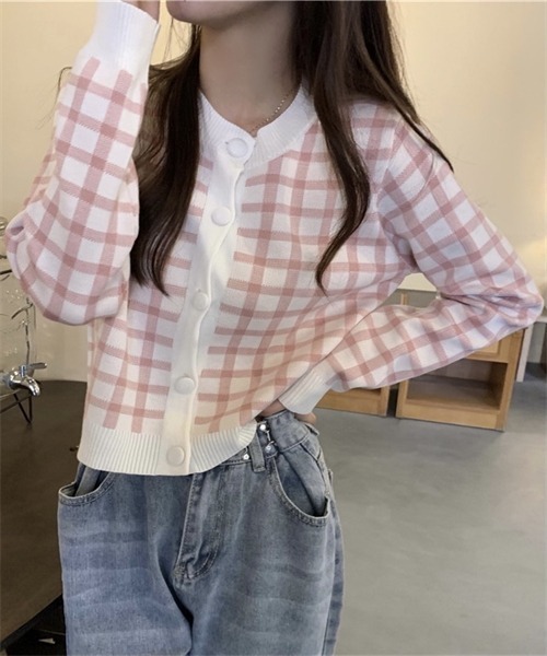 Dream garden（ドリームガーデン）の「ショート丈 チェック柄ニットカーディガン（ニット/セーター・レディース・ブルー/イエロー/ピンク/ブラック・FREE）」の4枚目の写真