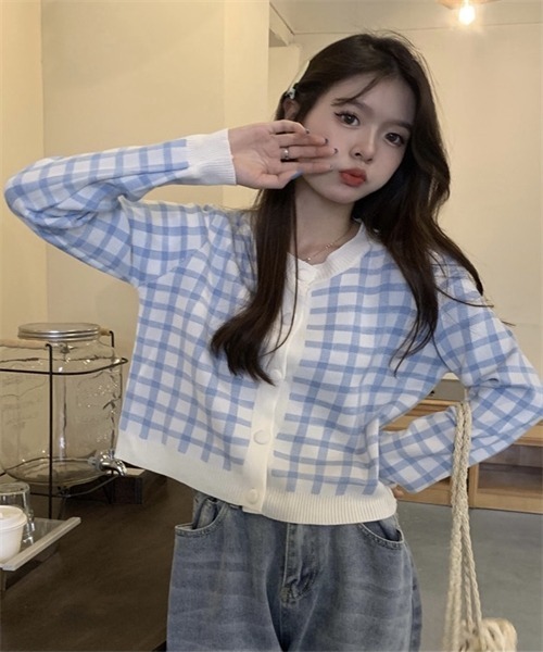 Dream garden（ドリームガーデン）の「ショート丈 チェック柄ニットカーディガン（ニット/セーター・レディース・ブルー/イエロー/ピンク/ブラック・FREE）」の13枚目の写真