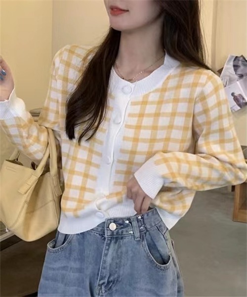 Dream garden（ドリームガーデン）の「ショート丈 チェック柄ニットカーディガン（ニット/セーター・レディース・ブルー/イエロー/ピンク/ブラック・FREE）」の21枚目の写真