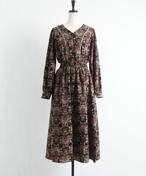 tocco closet（トッコ　クローゼット）の「ダマスクプリントウエストシャーリングワンピース（ワンピース・レディース・ブラック/アイボリー・M）」の15枚目の写真