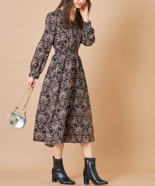 tocco closet（トッコ　クローゼット）の「ダマスクプリントウエストシャーリングワンピース（ワンピース・レディース・ブラック/アイボリー・M）」の11枚目の写真