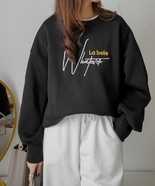 Diosfront（ディオスフロント）の「オーバーサイズロゴ刺繍裏起毛トレーナー（スウェット・レディース・アイボリー/ブラック/グリーン・FREE）」の3枚目の写真