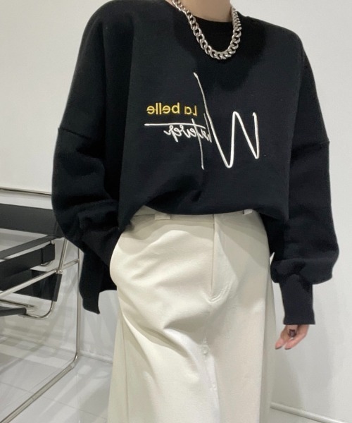 Diosfront（ディオスフロント）の「オーバーサイズロゴ刺繍裏起毛トレーナー（スウェット・レディース・アイボリー/ブラック/グリーン・FREE）」の7枚目の写真