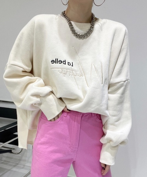 Diosfront（ディオスフロント）の「オーバーサイズロゴ刺繍裏起毛トレーナー（スウェット・レディース・アイボリー/ブラック/グリーン・FREE）」の13枚目の写真