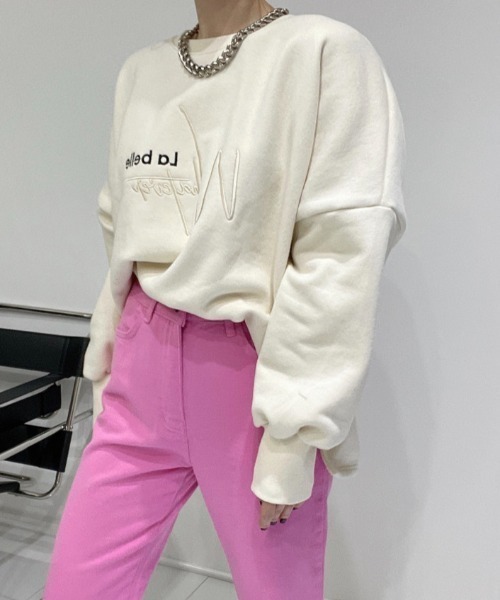 Diosfront（ディオスフロント）の「オーバーサイズロゴ刺繍裏起毛トレーナー（スウェット・レディース・アイボリー/ブラック/グリーン・FREE）」の6枚目の写真