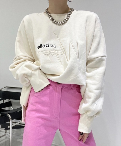 Diosfront（ディオスフロント）の「オーバーサイズロゴ刺繍裏起毛トレーナー（スウェット・レディース・アイボリー/ブラック/グリーン・FREE）」の10枚目の写真