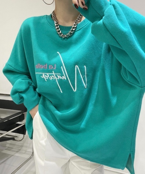 Diosfront（ディオスフロント）の「オーバーサイズロゴ刺繍裏起毛トレーナー（スウェット・レディース・アイボリー/ブラック/グリーン・FREE）」の8枚目の写真