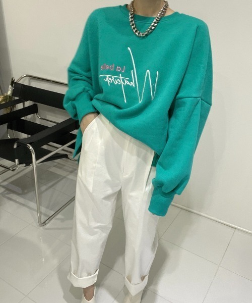 Diosfront（ディオスフロント）の「オーバーサイズロゴ刺繍裏起毛トレーナー（スウェット・レディース・アイボリー/ブラック/グリーン・FREE）」の5枚目の写真