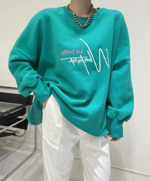 Diosfront（ディオスフロント）の「オーバーサイズロゴ刺繍裏起毛トレーナー（スウェット・レディース・アイボリー/ブラック/グリーン・FREE）」の9枚目の写真