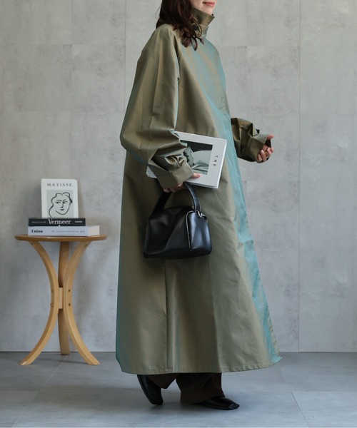 ✨美品♡ロング丈✨ステンカラーコート　カーキ　ノバチェック　白タグ タフタノーカラーロングコート/洗える(ノーカラーコート) | MK