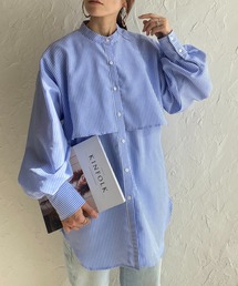 She's Closet（シーズクローゼット）の「バンドカラーボリュームスリーブ長袖ストライプ柄ケープシャツ（シャツ/ブラウス）」