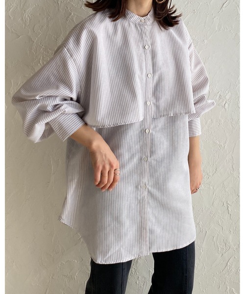 She's Closet(シーズクローゼット)の「バンドカラーボリュームスリーブ長袖ストライプ柄ケープシャツ(シャツ/ブラウス・レディース・ベージュ/ブラック/ブルー/グリーン・FREE)」の9枚目の写真