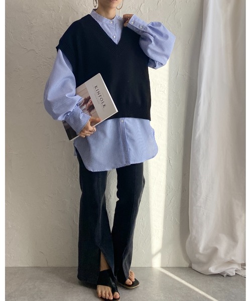 She's Closet(シーズクローゼット)の「バンドカラーボリュームスリーブ長袖ストライプ柄ケープシャツ(シャツ/ブラウス・レディース・ベージュ/ブラック/ブルー/グリーン・FREE)」の18枚目の写真